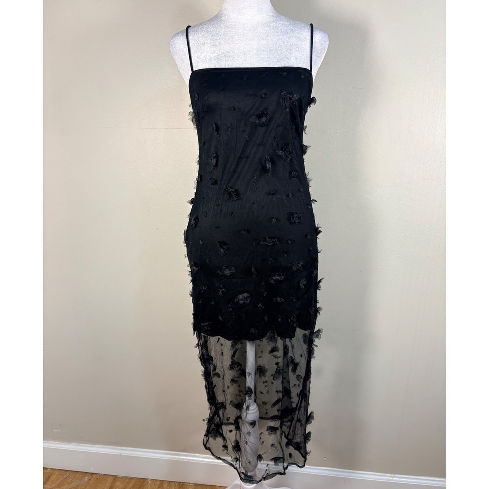 Maeve‎ Anthropologie Midi Dress Womens 2 Black Excellent Sheer 3D Floral Mesh